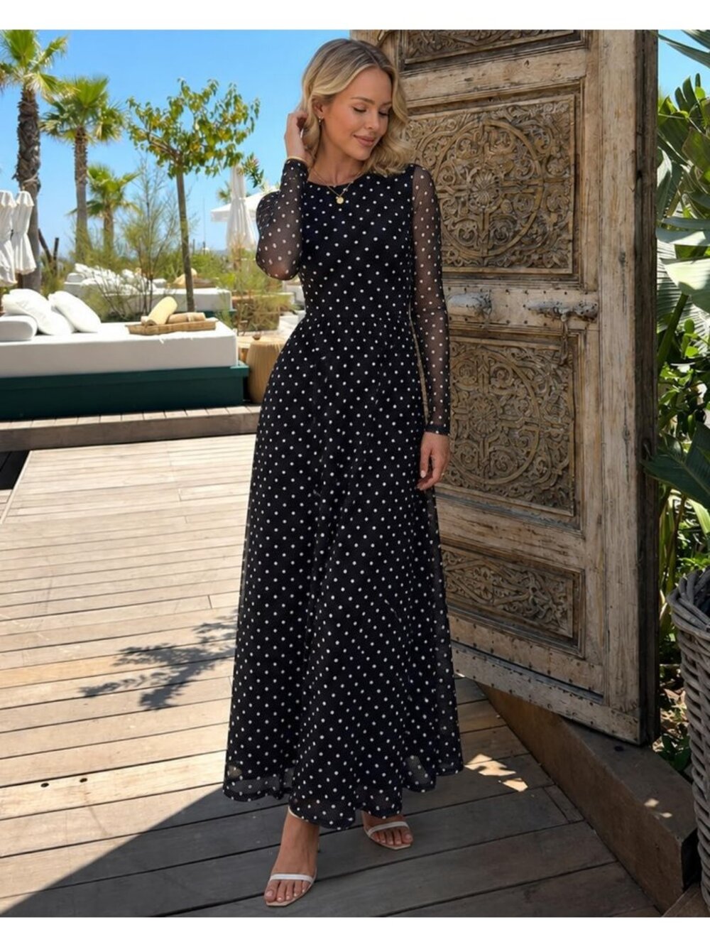 Women's Blackdot Crewneck Maxi Long Sleeve Elegant Slimming Cocktail Dresses - Picture 3 of 6